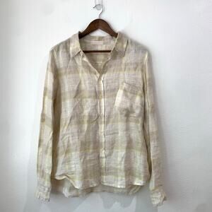 CP SHADES Top 100% Linen Button Front Women Medium Jay Shirt Roll Tab Soft Plaid